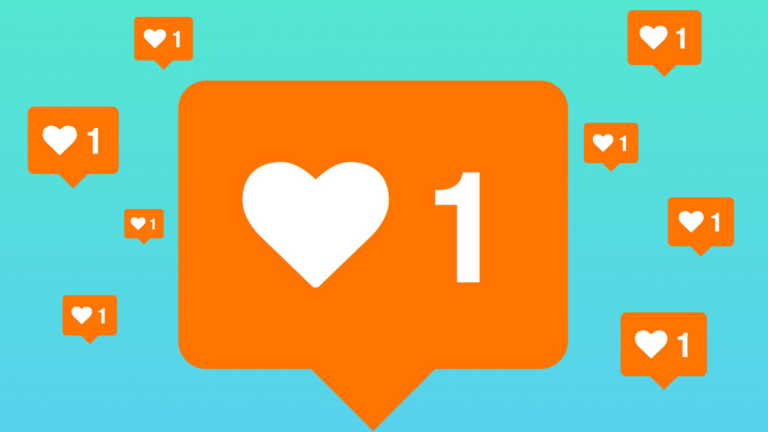 A gradient background with orange speech bubbles with a heart and number one showing likes on post.